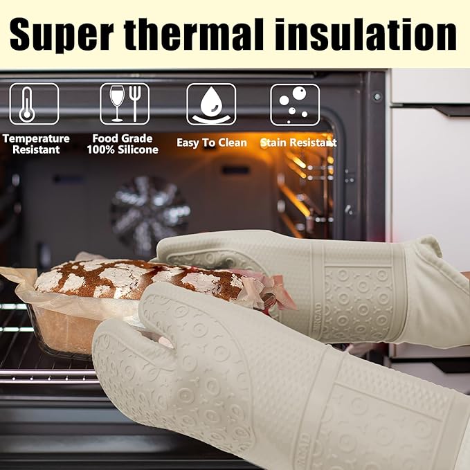 Oven Mitts with Heat-Resistant Hot Pads and Five Silicone Spatulas Designed for Kitchen Baking Cooking, Oven Glove Soft Cotton Lining, Waterproof, BPA-Free (Beige, 15.7)
