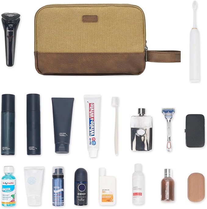 WANDF Travel Toiletry Bag for Men Large Toiletries Shaving Bag Water Resistant Hanging Dopp Kit Travel Accessories Bag for Women Men (Khaki)