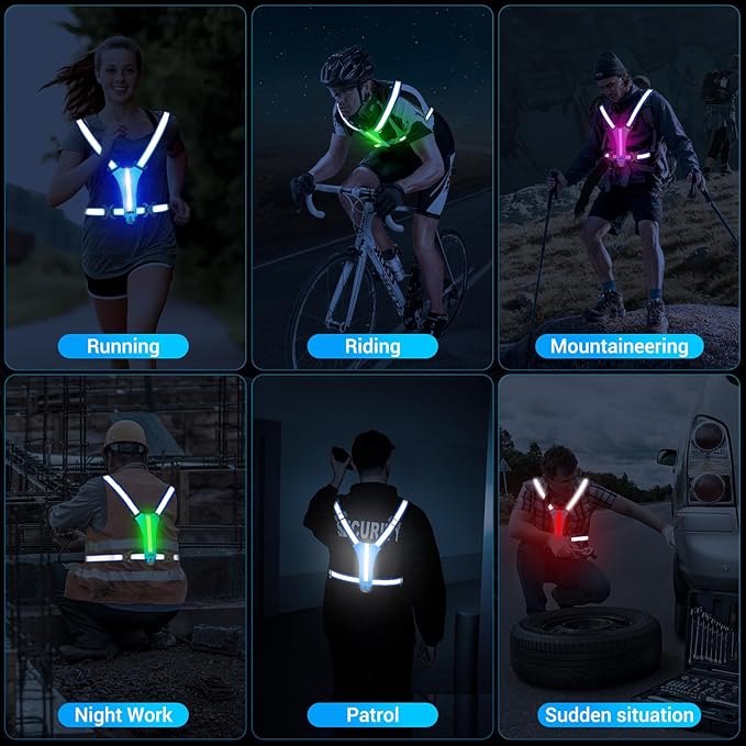 Led Reflective Vest Running Gear,7 Lights Colors Light Up Running Vest, Rechargeable High-Visibility Adjustable Vest for Running, Cycling, and Night Activities(Green)