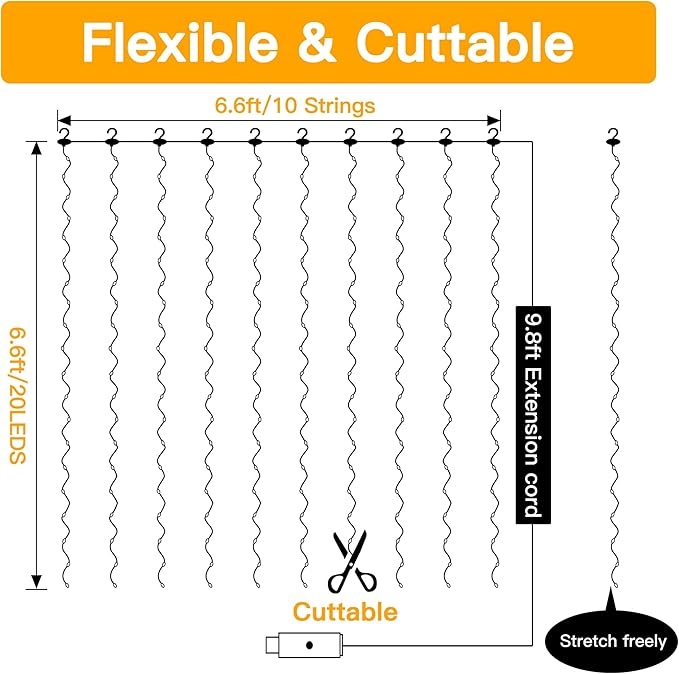 Ollny Silver Copper Wire Fairy Lights Curtain 200 LED 6.6x6.6ft, USB Warm White Curtain Lights with Hook, Waterproof Window Light for Bedroom Backdrop Wall Outdoor Indoor Decorations