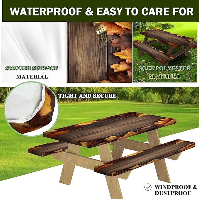 CAPSCEOLL Fitted Picnic Table Cover with Bench Covers with Elastic 8Ft Waterproof Camping Picnic Table Cover Cloths for Outdoors Camping Tablecloth with Drawstring Bag, 96X30in, Brown Wood