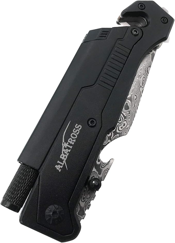 ALBATROSS 6-in-1 Modern Damascus Steel Folding Pocket Knives with LED Light,Seatbelt Cutter,Glass Breaker,Magnesium Fire Starter,Bottle Opener;Multi-Function Emergency Tool(Black-DA)