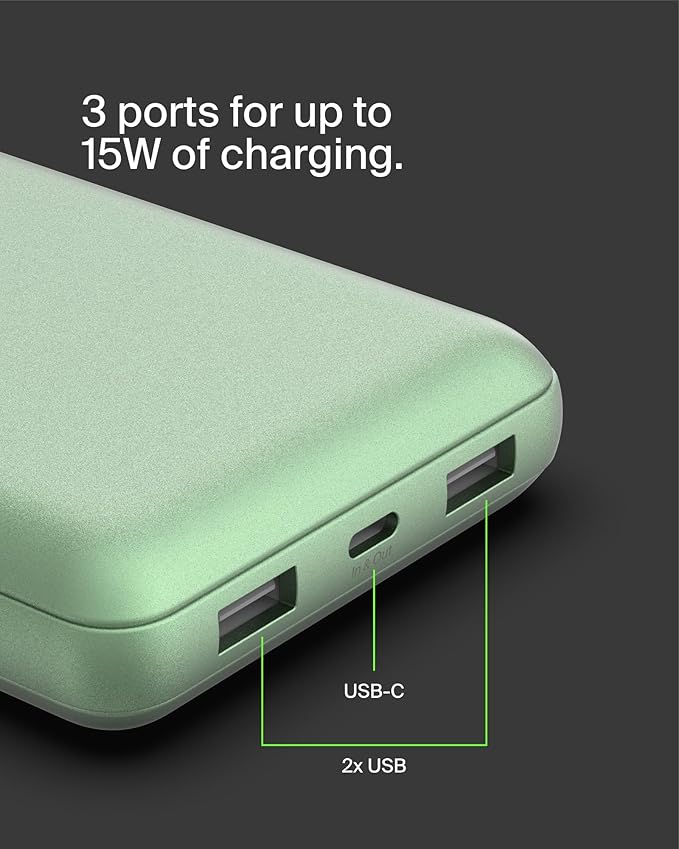 Belkin Portable Charger, USB-C Power Bank 20000 mAh w/ 2X USB-A Ports, 15W w/Type-A to Type-C Cable for iPhone 17, Air, Pro, Samsung Galaxy S25, iPad, Nintendo Switch 2, Google Pixel 10, etc. - Green