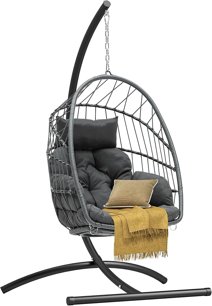 DWVO Egg Chair with Stand, Hanging Outdoor Rattan Wicker Patio Hammock Indoor Egg Chair with Cushion, Hanging Swing Chair 300lbs for Porch, Garden, Bedroom, Balcony, Gray