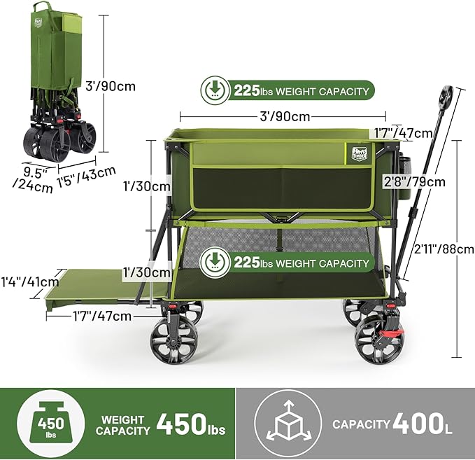 TIMBER RIDGE 400L Large Capacity Folding Double Decker Wagon with Brakes, 54" Extra Long Extender Wagon Cart, 450lbs Heavy Duty Collapsible Cart, All-Terrain Big Wheels for Camping, Sports, Shopping