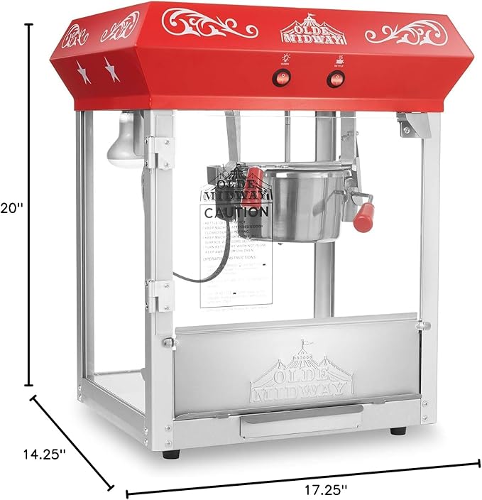 Olde Midway Bar Style Popcorn Machine Maker Popper with 6-Ounce Kettle - Red