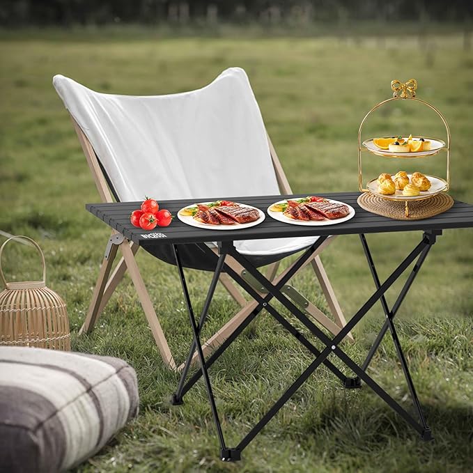 Portable Camping Table, Compact Camping Side Table with Carrying Bag, Ultralight Aluminum Beach Table Folding for Hiking, Camping, Picnicking, BBQ, Outdoor Cooking (Black Large 27")