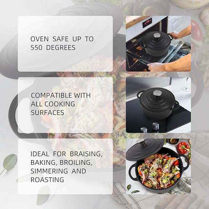 4.5 Quart Dutch Oven Enameled Cast Iron with Lid - Big Dual Handles - Oven Safe up to 500°F - Classic Round Pot for Versatile Cooking Matte Black(No Enameled