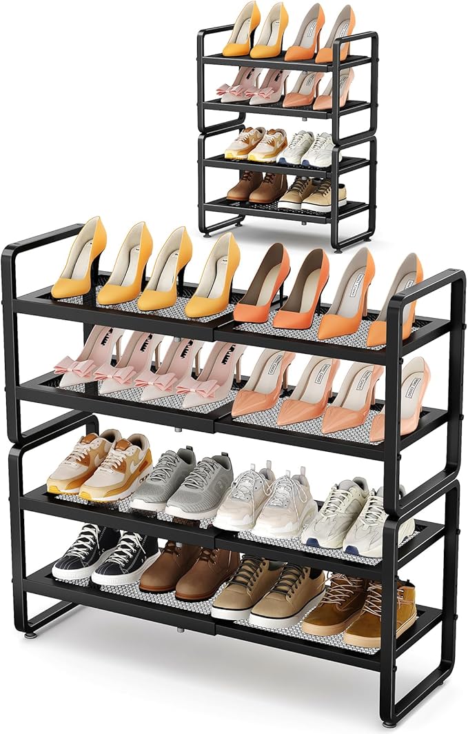 Shoe Rack - Expandable Shoe Organizer for Closet, Adjustable Metal Shoe Shelf Storage, 4 Tier Stackable Long Shoe Stand Holder for Garage, Entryway, Door Entrance, Black