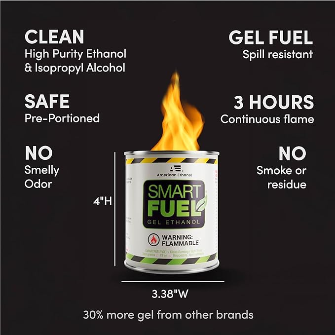 Smart Fuel Bioethanol Gel Fuel Cans – Clean-Burning Bio Ethanol Fireplace Fuel for Indoor & Outdoor Fire Pit, Fireplaces & Tabletop Fire Features - 3 Hour Burn Time - 24 Pack