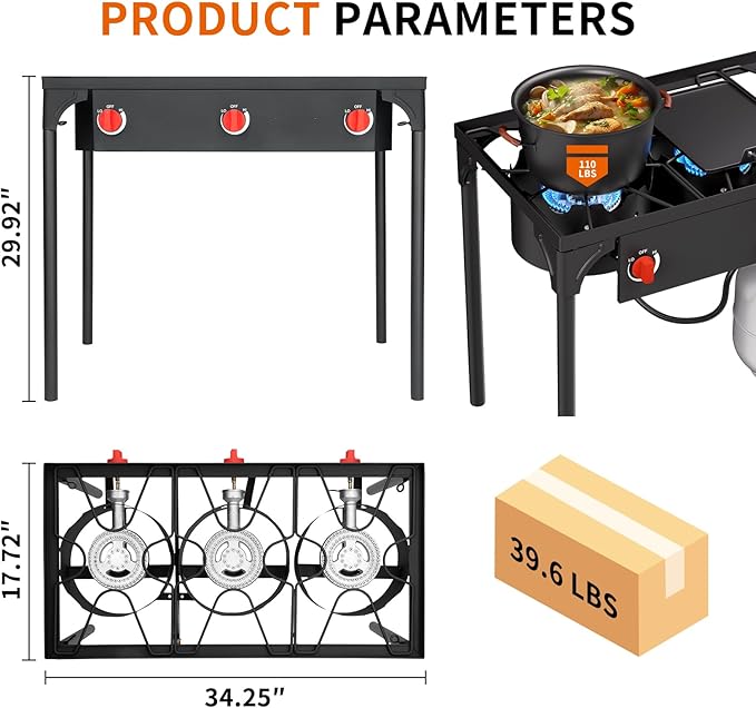 SKOK 3 Burner Propane Stove - Portable Camping Stove with 225,000 High Efficiency Propane Burner,Outdoor Stove for Camping, Backyard, Picnic