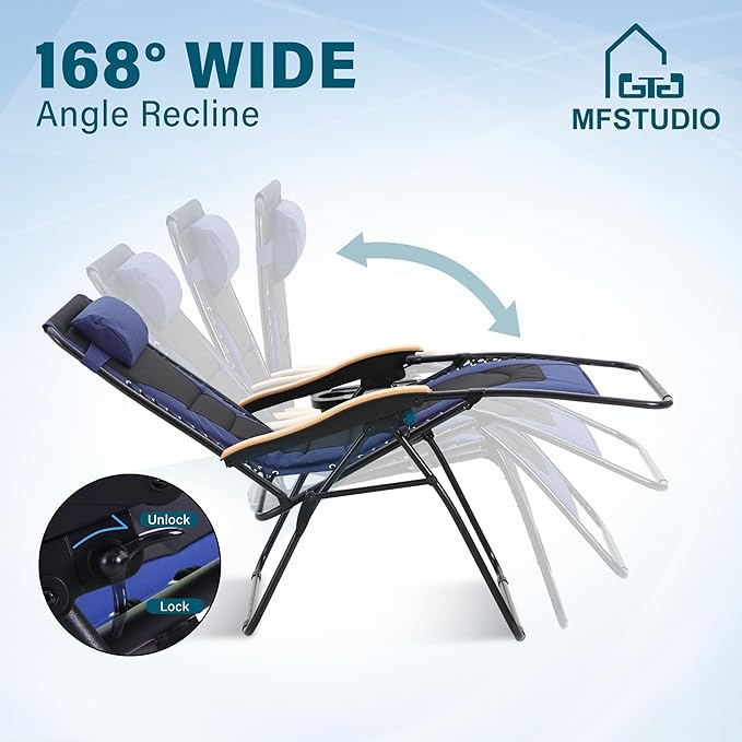MFSTUDIO Zero Gravity Chairs Set of 2, XL Oversized Outdoor Anti Gravity Chair, Patio Lounge Folding Adjustable Chair with Cup Holder & Padded Headrest, Support 400lbs,Navy Blue