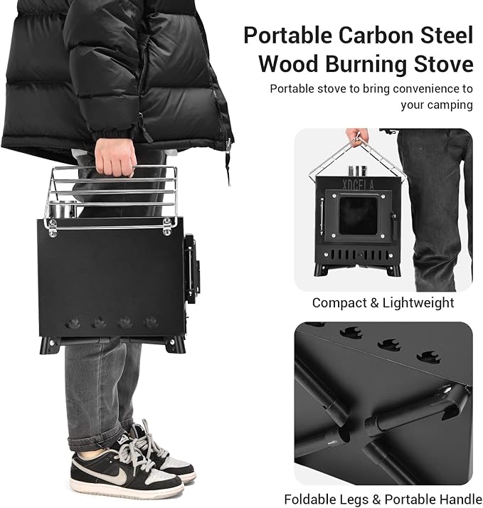 Wood Burning Stove, Wood Stove With Chimney Pipes, Small Camping Wood Stove With Anti-Spark and Adjustment Pipe for Hunting,fishing,Cooking,Heating,Drying Clothes double-layer Hot Tent Stove