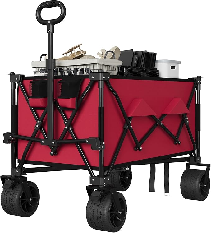 Heavy Duty Foldable Wagon for Beach, Extra Large Collapsible Foldable Wagon for Camping, All Terrain Beach Wagons Extended with Cup Holders for Sand