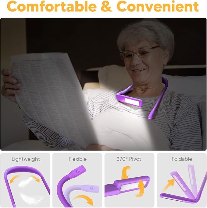 Voilet Neck Light with Storage Case, 10-80Hrs Eye-friendly Book Reading Light, Knitting Crochet Sewing Craft Light Rechargeable Adjustable, Christmas Birthday Gifts for Book Lovers Knitters Crafters