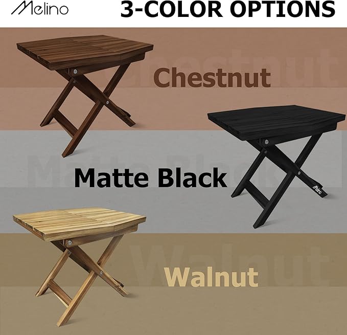 Melino Wooden Folding Table - Black Acacia Wooden Small Foldable End Coffee Tables - FSC Certified Solid Wood Patio Side Table - Weather Resistant & Fully Assembled - Indoor and Outdoor Furniture
