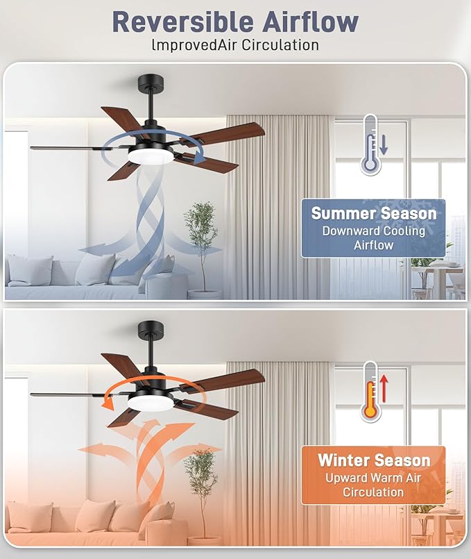 ZYD Ceiling Fans with Lights, 52 Inch Ceiling Fan with Light and Remote, Farmhouse Ceiling Fan with Light Quiet Reversible DC Motor, Dual-Finish LED Ceiling Fans with Lights for Living Room, Bedroom