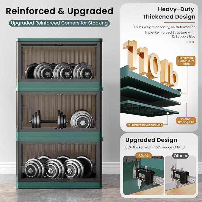 19Gal Collapsible Storage Bins with Lids & Wheels - 3 Pack Stackable with Doors, Heavy-Duty Plastic Containers for Home/Office, Green