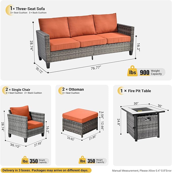 ovios 6 Pieces Patio Furniture Set with 30" Fire Pit Table, Outdoor Wicker Sofa with Comfy Cushions, All Weather High Back Rattan Couch Conversation Set, Orange Red