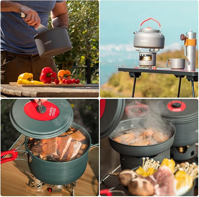 Alocs Camping Cookware Set - Lightweight Camping Cookware Mess Kit - Camping Pots and Pans Set - Camping Cooking Gear with Portable Carry Bag for Outdoor Backpacking Hiking and Picnic