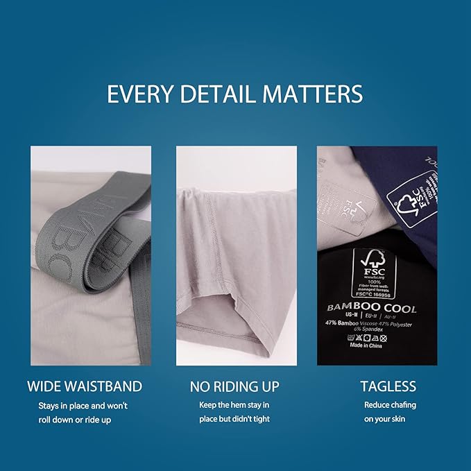 BAMBOO COOL Men's Underwear Boxer Briefs Fly with Built-in 3D Pouch Comfortable Cool Underwear for Men 4 Pack