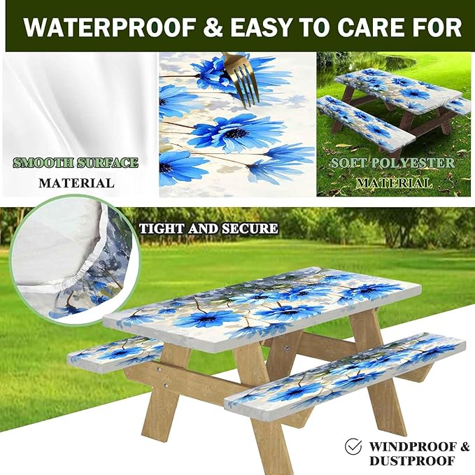 CAPSCEOLL Fitted Picnic Table Cover with Bench Covers with Elastic 6Ft Waterproof Camping Picnic Table Cover Cloths for Outdoors Camping Tablecloth with Drawstring Bag, 72X30in, Blue Flowers