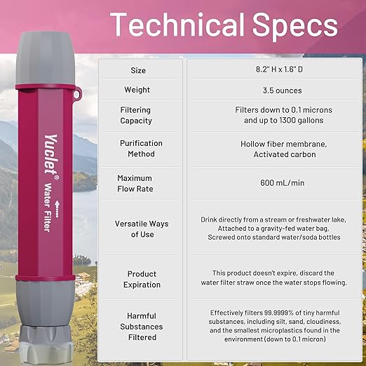 YWF01 Personal Filter Straw for Drinking Survival, Portable Water Purifier Filtration System Survival Gear and Supplies for Camping, Hiking, Travel, and Emergency Preparedness (Plum Red, Pack of 4)