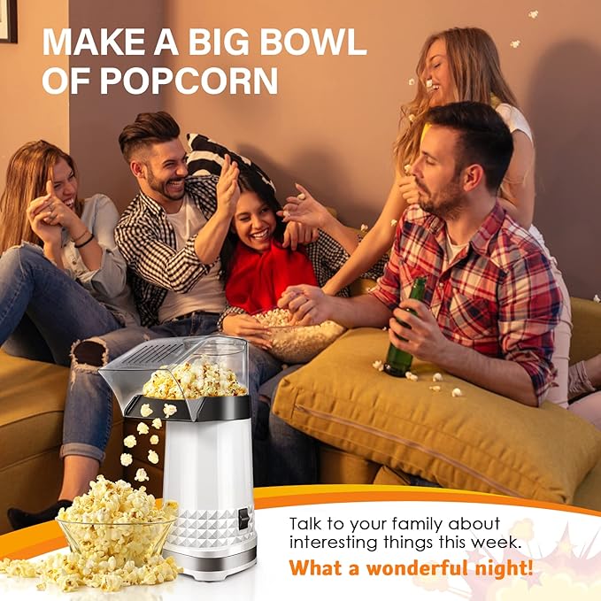 Vminno Quick & Easy Hot Air Popcorn Popper Maker with Measuring Cup + Melts Butter, 4.5 Quarts, Etl Certified, No Oil Electric Popcorn Machine with On/Off Switch for Family Movie Nights, Parties