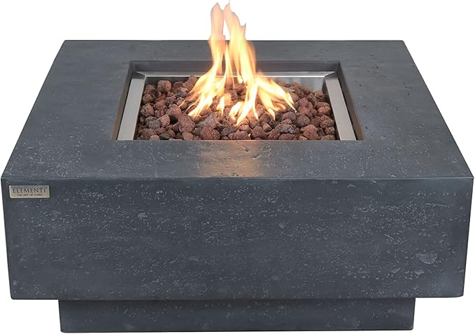 Elementi | Manhattan Gas Fire Pit Cast Concrete 36" Square Fire Table, Outdoor Fire Pit Electronic Ignition | Canvas Cover, Lava Rock Included | Dark Gray (Propane Gas)