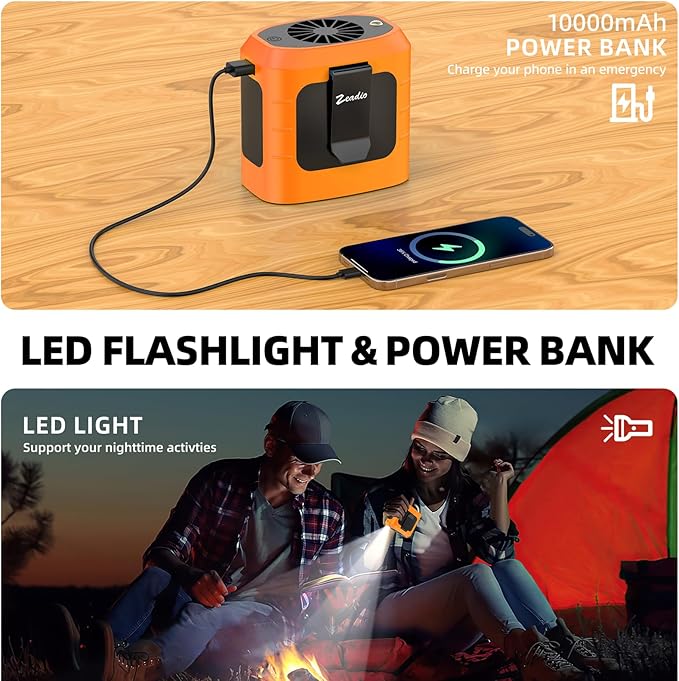 Zeadio Waist Clip Fan, 3 Spreed 10000mAh Operated Hands-free Wearable Necklace Fan, with lighting function for Hot Flashes Home Office Travel Outdoor Sports - Orange