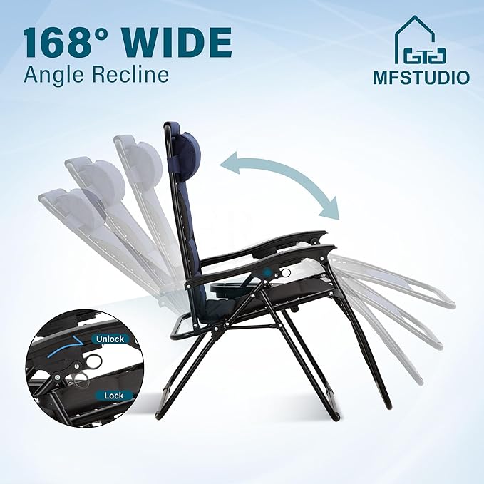 MFSTUDIO Padded Zero Gravity Chair Set of 2, Folding Patio Lounge Recliner with Adjustable Pillows & Cup Holder for Poolside Backyard, Support 400lbs(Navy Blue)