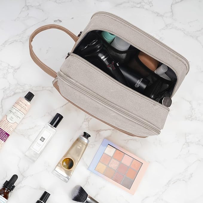 WANDF Travel Toiletry Bag for Men Large Toiletries Shaving Bag Water Resistant Hanging Dopp Kit Travel Accessories Bag for Women Men (Beige Gray)