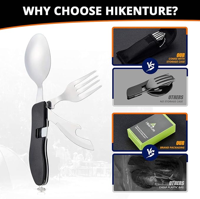 Camping Utensil HIKENTURE 4-In-1 Stainless Steel Fork Knife Spoon Bottle Opener Set with Storage Case (Black)