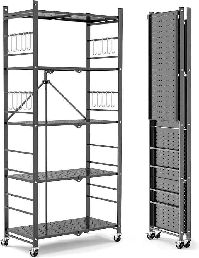 Himix Storage Shelves with 20 Hooks, 5-Tier Foldable Shelves for Storage, Folding Shelf Unit Pantry Shelves Bookshelf with Wheels, Vendor Display Racks for Craft Shows, Home, Grey - No Assembly