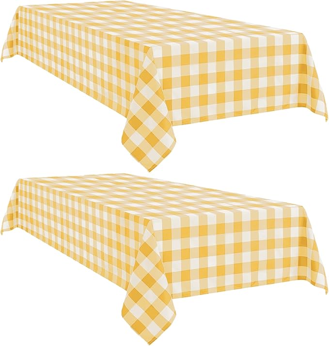 Softalker Gingham Checkered Rectangle Tablecloth - Waterproof Buffalo Plaid Table Cloth Stain Resistant Polyester Table Cover for Picnic/Camping/Outdoor - Yellow and White, 2 Pack - 60 x 102 Inch