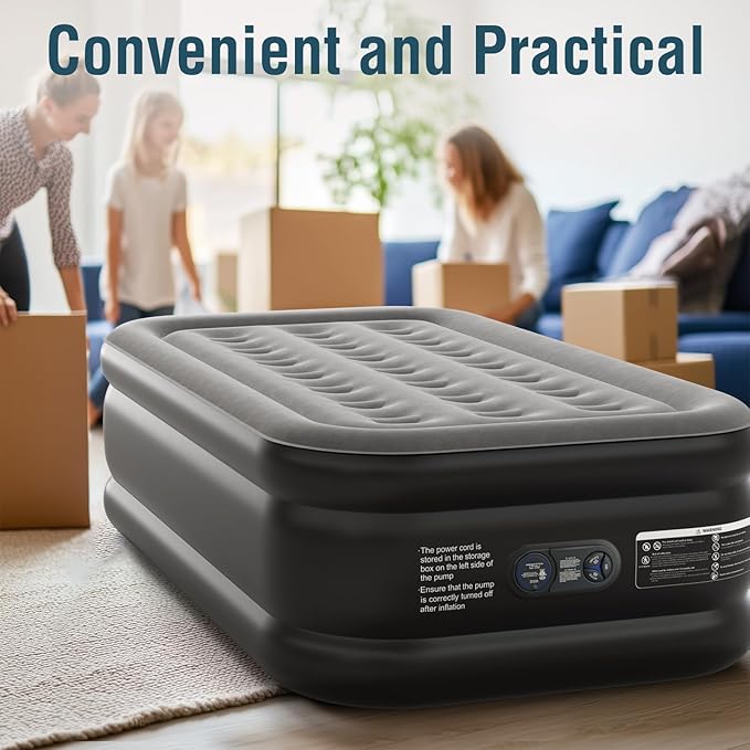 Air Mattress 18", Twin Air Bed with Soft Flocked Top and Portable Carry Bag, Twin Air Mattress with Built in Pump Raised for Guest, Office, Camping (Black)