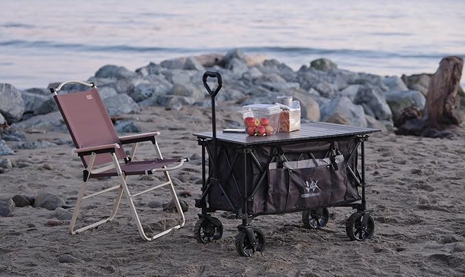 Whitsunday Folding Collapsible Utility Wagon, 400Lbs Heavy Duty Outdoor Park Beach Wagon with Table and Side Pocket for Garden Camping Sports Shopping Purple