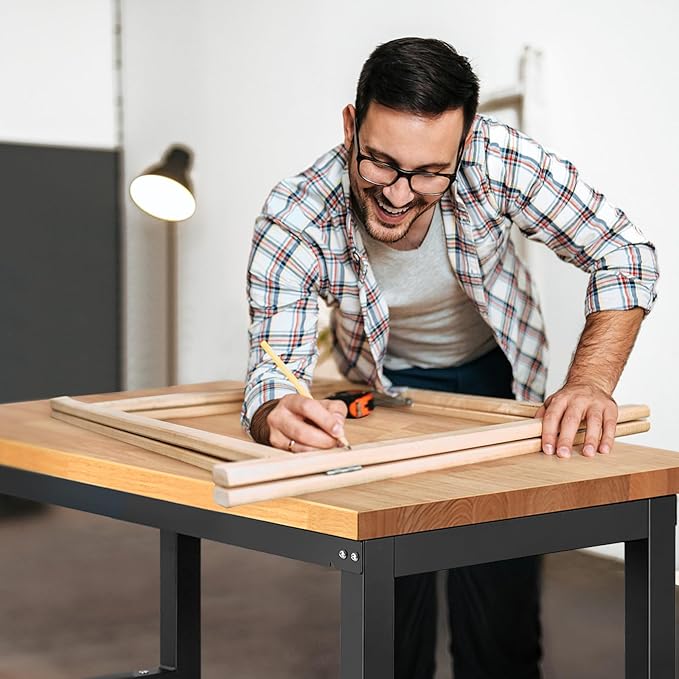 Work Bench for Garage Workbench Adjustable Height Work Table for Shop Woodworking, 41 x 20 Heavy Duty Rubber Wood Top for Office, Home, Commercial