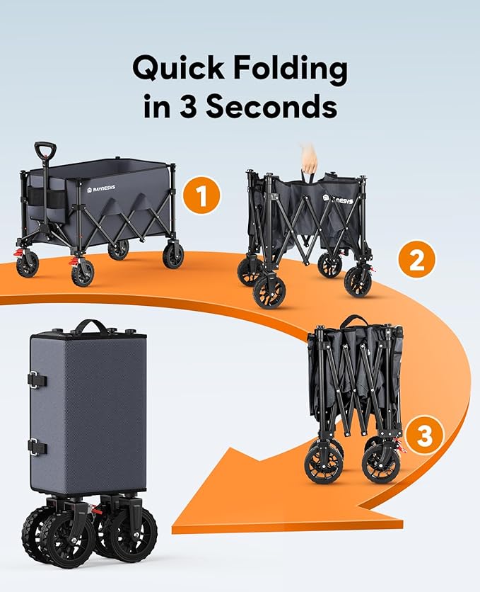 Wagons Carts Foldable, Collapsible Foldable Wagon 330lbs Capacity, 180L Large Capacity Foldable Wagon with All-Terrain Wheels,Heavy Duty Utility Wagon Cart with Brakes for Beach Camping Shopping, Grey