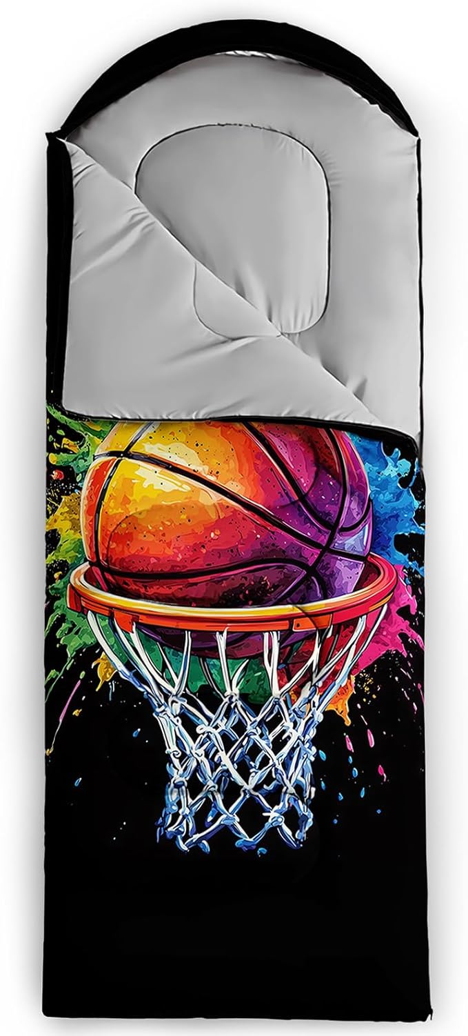 AILONEN Blue Glowing Basketball Sleeping Bag for Kids Boys,Warm and Cool Weather,Lightweight,Waterproof Backpacking,City Theme Ball Sports Sleeping Bag for Camping