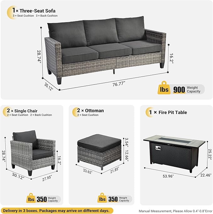 ovios 6 Pieces Patio Furniture Set with 54" Fire Pit Table, Outdoor Wicker Sofa with Comfy Cushions, All Weather High Back Rattan Couch Conversation Set, Black