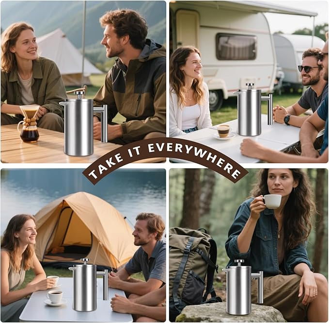 French Press 34 oz, Full Stainless Steel French Press Coffee Maker 4 Cups, Upgrated Double-Walled Insulated French Coffee Presses, Food Grade Good for Kitchen Camping, Dishwasher Safe 2 More Filters