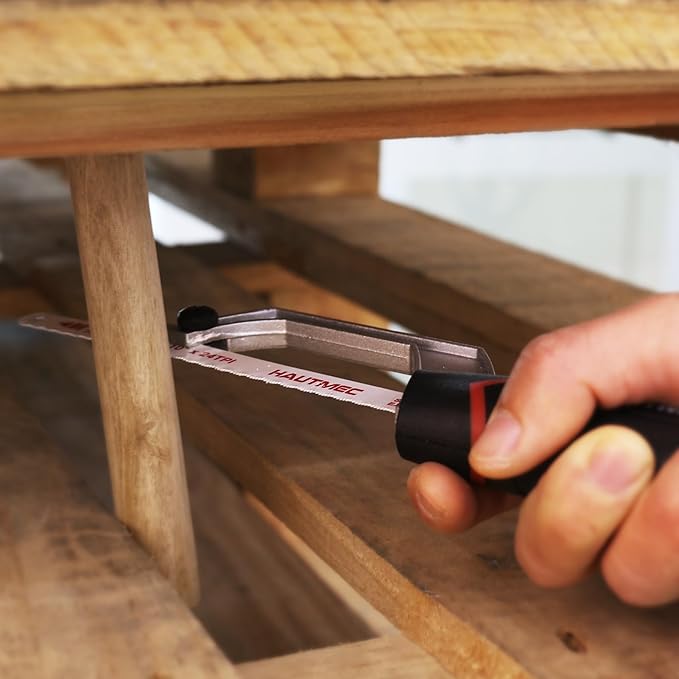 HAUTMEC Mini Hacksaw, 10" Compact Hacksaw with Cutting Guide Design, Tool-Free Blade Change, Compatible with 10"/12" Blades, Lightweight Hack Saw for Metal, PVC & Wood Cutting – HT0426