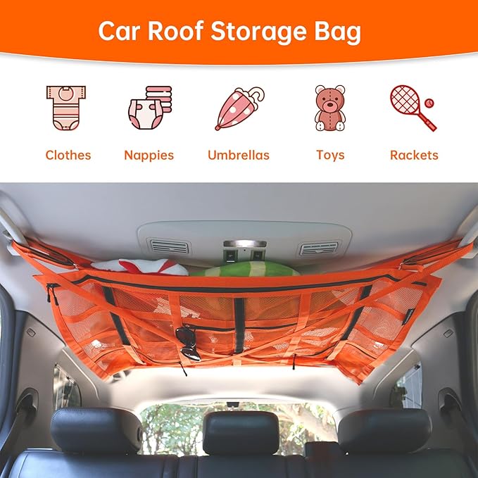 Kaskawise SUV Car Ceiling Cargo Net with Adhesive Straps,Double-Layer Mesh Car Roof Net Storage for Truck, Van,Travel Long Road Trip Camping Interior Accessories 39.3 X 23.6 Inch,Orange