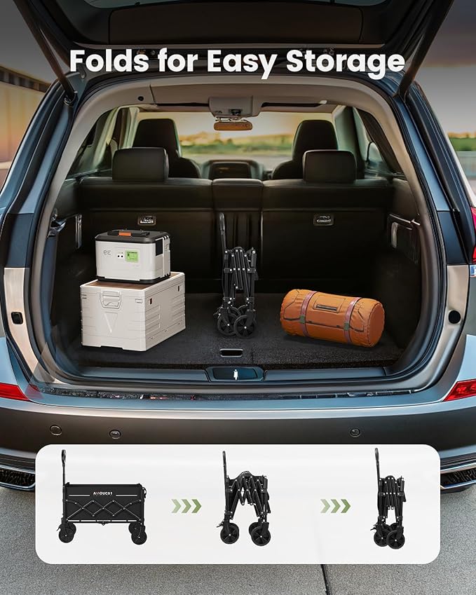 AMADA HOMEFURNISHING Wagon Cart Foldable, Collapsible Wagon Cart with 360 LBS Max Load & Expandable Storage, 90L Foldable Grocery Cart with 2 Cup Holders for Outdoor, Groceries, Garden & Camping