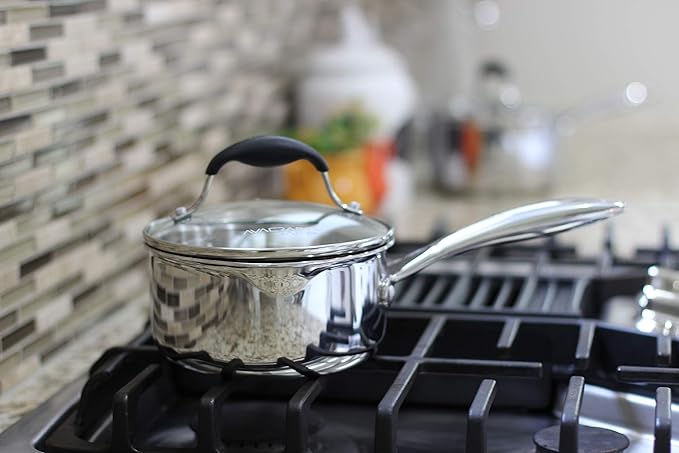 AVACRAFT Tri-Ply Stainless Steel Saucepan with Glass Strainer Lid, Two Side Spouts, Ergonomic Handle, Multipurpose Sauce Pan with Lid, Sauce Pot, Cooking Pot (Tri-Ply Full Body, 1.5 Quart)