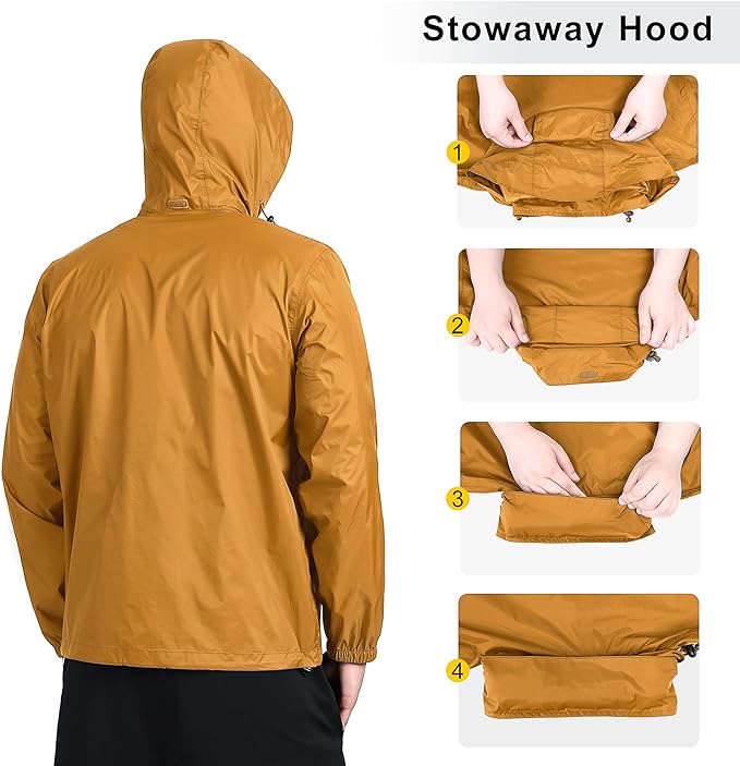 Outdoor Ventures Men's Rain Jacket Waterproof Lightweight Packable Rain Shell Raincoat with Hood for Golf Hiking Travel