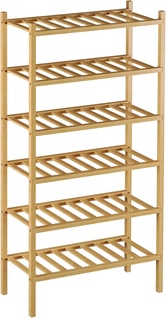 6-Tier Bamboo Small Shoe Rack, Free Standing Wood Shoe Shelf Storage Organizer for Closet Entryway Stackable (Natural)