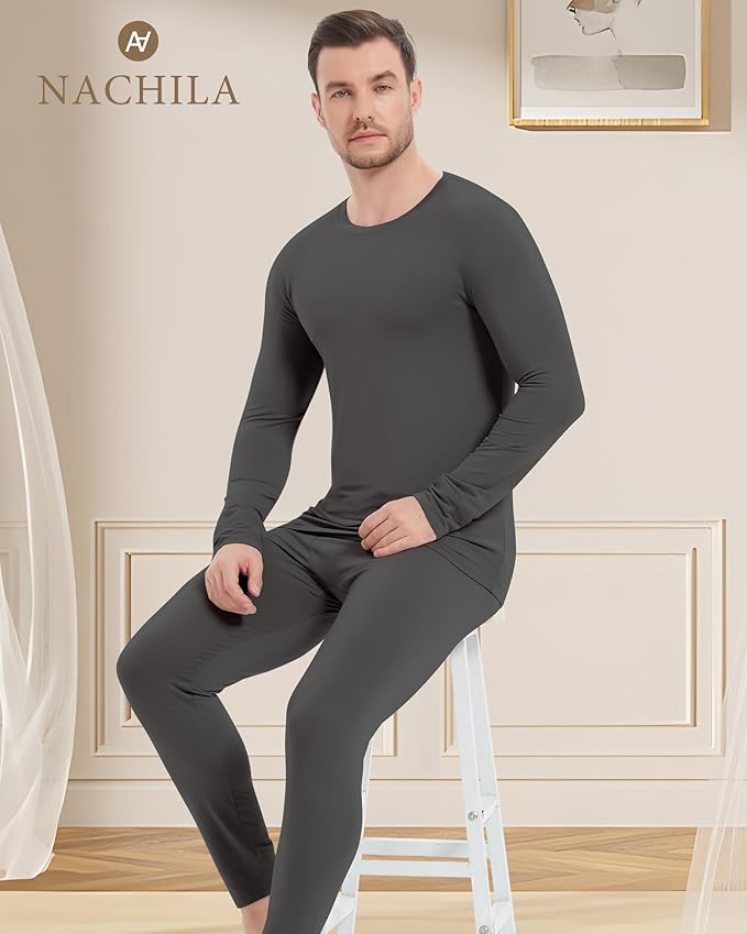 NACHILA Men's Thermal Underwear Set-Viscose Made from Bamboo, Soft Long Sleeve Base Layers Top and Bottom Warm Long Johns Set