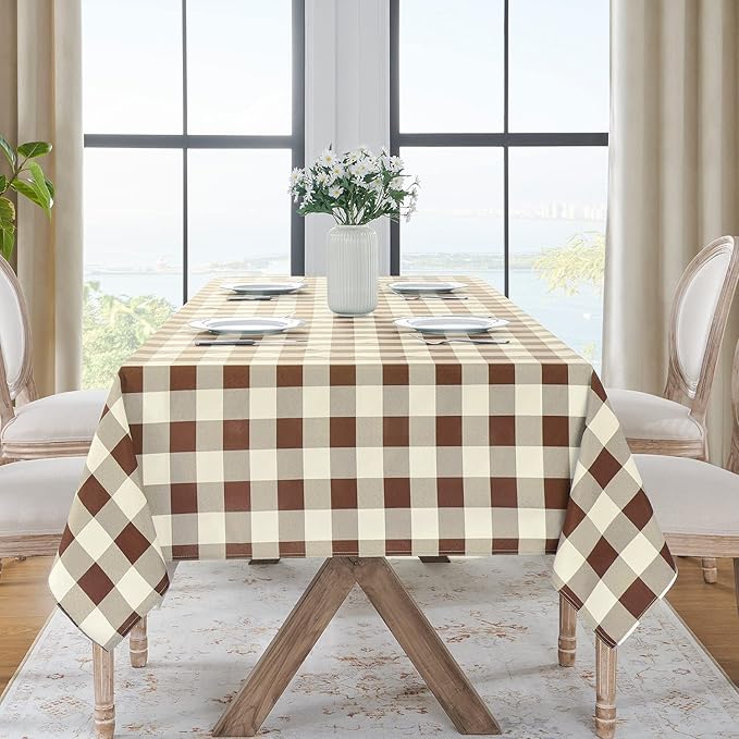 Softalker Gingham Checkered Rectangle Tablecloth - Waterproof Buffalo Plaid Table Cloth Stain Resistant Washable Table Cover for Picnic/Camping/Outdoor - Coffee and White, 60 x 120 Inch